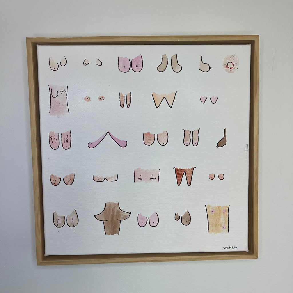 Framed artwork with various abstract shapes on a white background