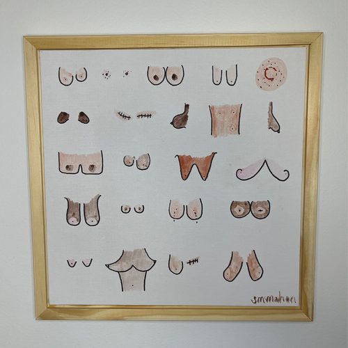 Framed artwork with various abstract shapes on a white background